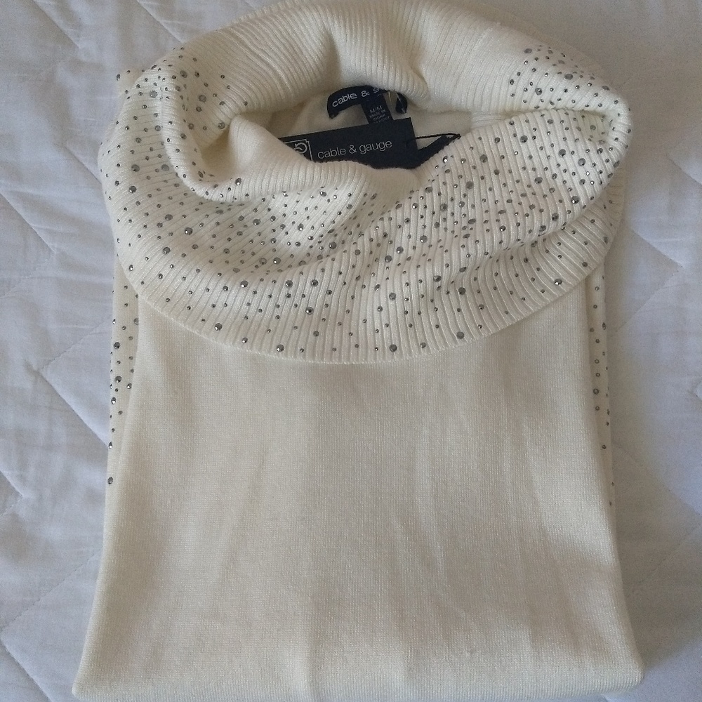 Cable and Gauge White Bejeweled Cowl Neck Sweater